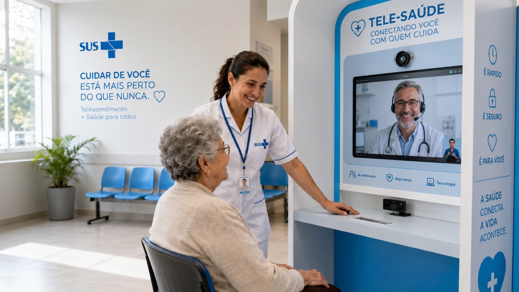 Profissional de enfermagem acolhendo uma paciente na unidade de saúde