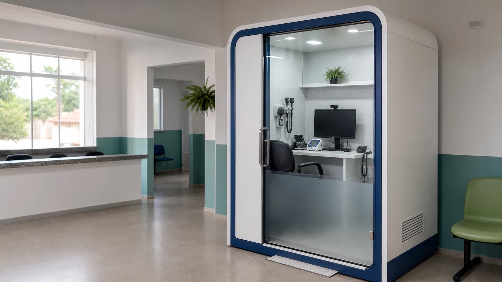 Cabine ilustrativa preparada para atendimento por telemedicina