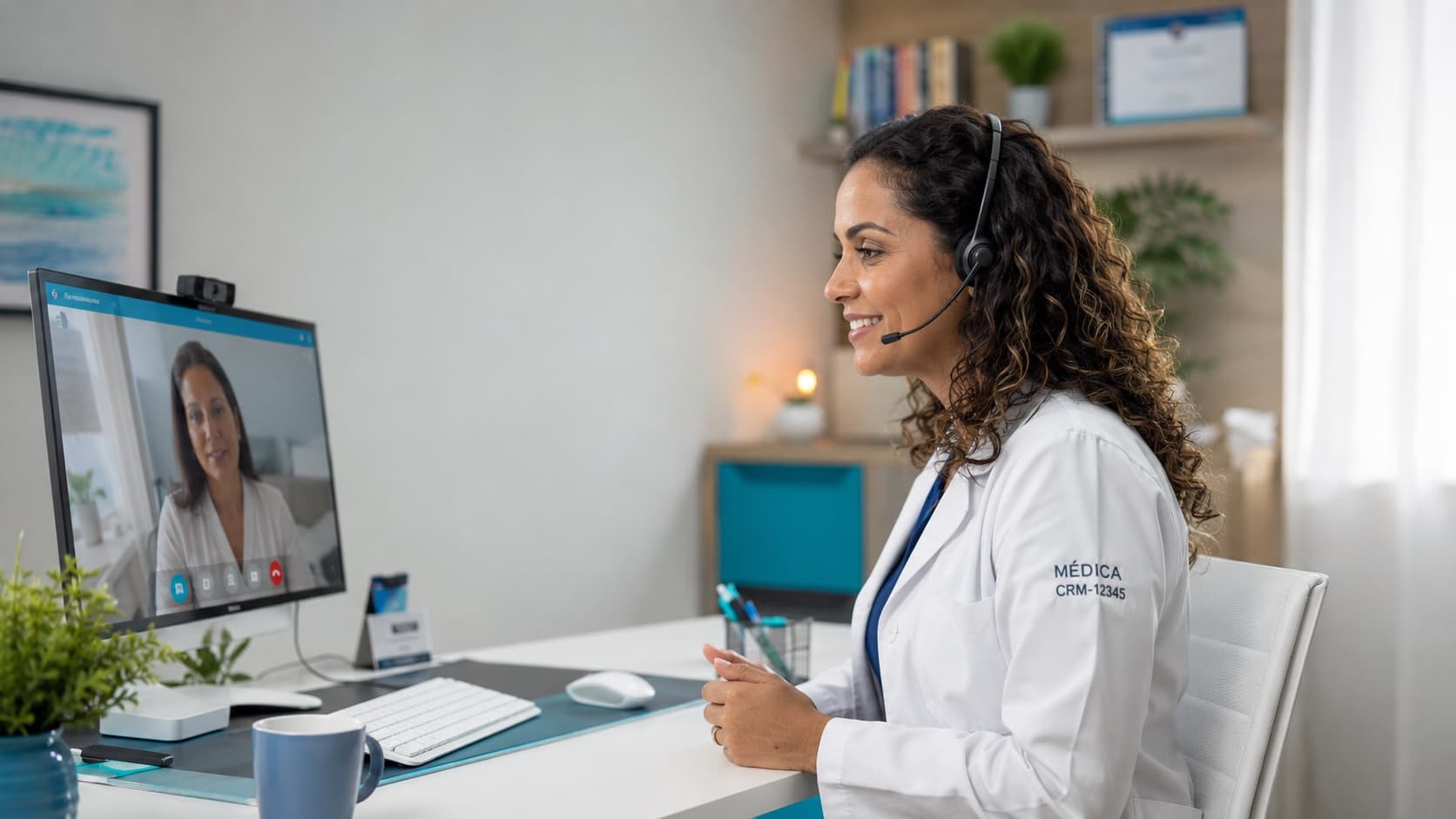 Médica realizando atendimento remoto